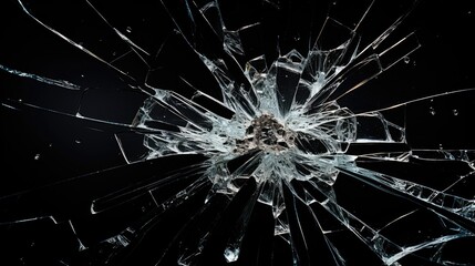 Fototapeta premium Shattered Glass Window Dramatically Pierces Dark Space with Cracks and Fragments