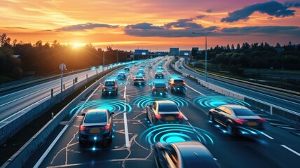fleet of driverless cars on a silent, efficient highway journey at dawn, emphasizing eco-friendly transportation and synchronized travel - obrazy, fototapety, plakaty
