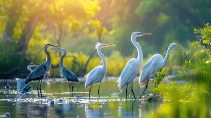 A serene scene of a heron and several egrets standing in shallow water amidst lush greenery, illuminated by the soft light of sunrise. - obrazy, fototapety, plakaty