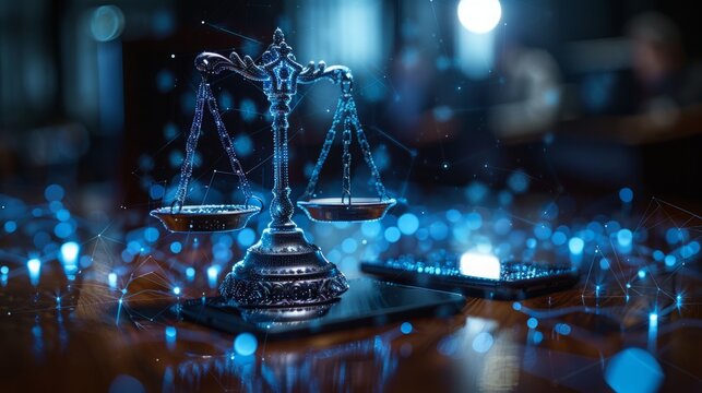 an image of the scales of justice, in the style of futuristic digital art, light silver and dark azure, soft-focus,