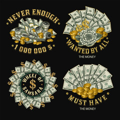 Set of colorful money vintage labels with 100 US dollar notes, golden coins, text. Concept illustrations on black background in vintage style. For prints, clothing, apparel, t shirt design