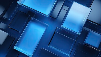 Abstract Blue Glass and Steel Frame Background with Geometric Squares and Reflections