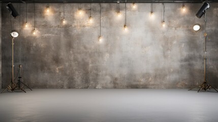 Industrial Aesthetics: Luminous Grey Space Featuring a Concrete Wall and Multiple Light Fixtures