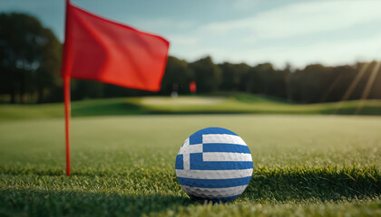 Golf ball with Greece flag on green lawn or field, most popular sport in the world