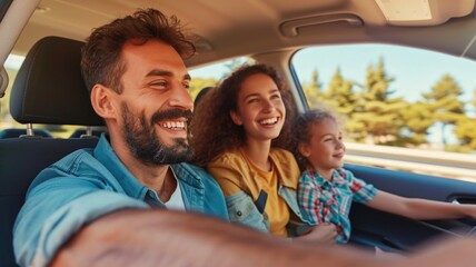 Joyful family enjoying a sunny road trip together