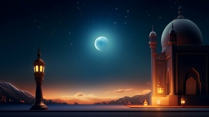 Fototapeta na wymiar Illustration of Ramadan Kareem's background with mosque, lantern, and moon