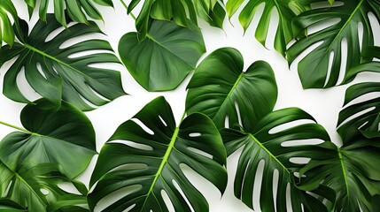 Lush Green Leaves of Monstera Palm Plant in Elegant Flat Lay Composition on White Background