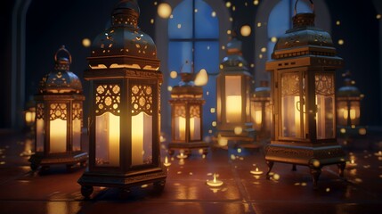 Obraz premium Arabic lanterns in the night. Ramadan Kareem. 3D rendering