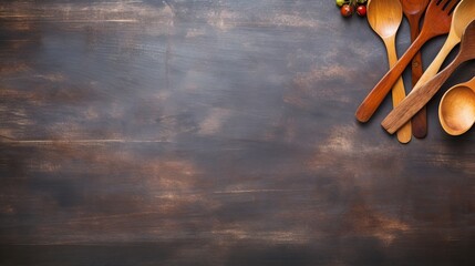 Rustic Kitchen Utensils Arrangement on Dark Table Background with Copy Space