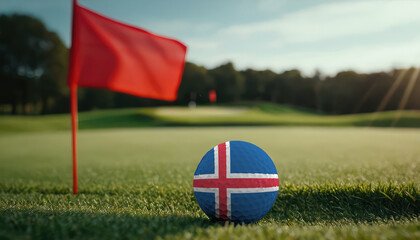 Golf ball with Iceland flag on green lawn or field, most popular sport in the world