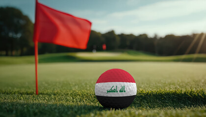 Golf ball with Iraq flag on green lawn or field, most popular sport in the world