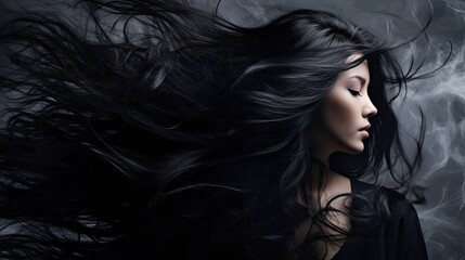 Mesmerizing Beauty: Woman with Long Hair Flowing in the Wind Embracing Freedom and Serenity - obrazy, fototapety, plakaty