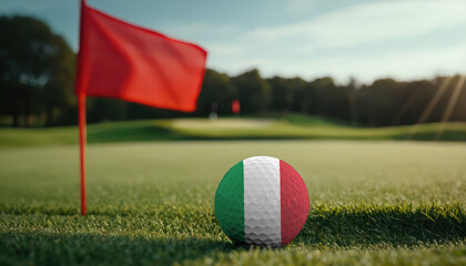 Golf ball with Italy flag on green lawn or field, most popular sport in the world