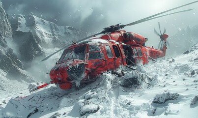 A red helicopter crashed on a mountain covered on snow