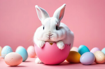 Naklejka na ściany i meble Easter bunny in egg shell on pink background. Easter concept.