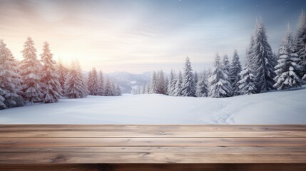 Winter Wonderland: Rustic Wooden Table Blanketed in Snow in Scenic Snowy Landscape