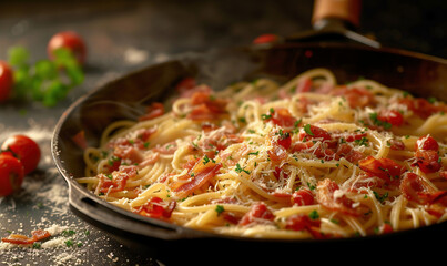 Pasta Carbonara with bacon and parsley in a frying pan
