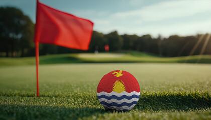 Golf ball with Kiribati flag on green lawn or field, most popular sport in the world