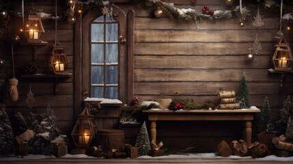 Fototapeta na wymiar Rustic Wooden Wall Perfect for Christmas Background with Vintage Charm