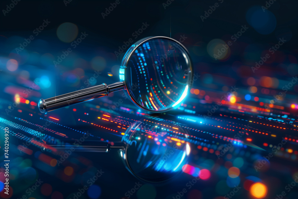 Fototapete internet search or data analysis concept, modern magnifying glass on a blue background with connecte