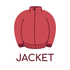 Warm Jacket. Word in English for dictionary. Outerwear element. Zipper. Learning, teaching Language for children. Casual Clothes, wardrobe. Isolated object. Flat design. Color Vector illustration © Dynamisa