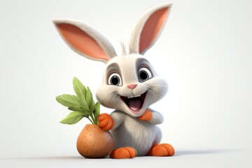 Happy White rabbit with a potted plant. Concept of joy, kids entertainment, joyful animal character, and hobbies. White background