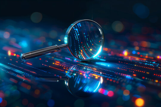 Internet search or data analysis concept, modern magnifying glass on a blue background with connected data flow