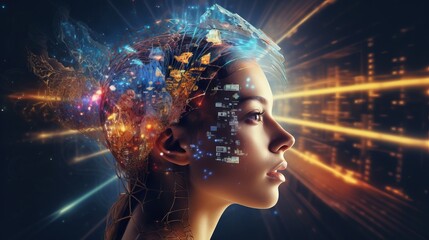 Digital being contemplates multidimensional universe, a fusion of mind and cosmos. Cosmic Consciousness in artificial intelligence