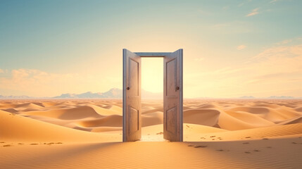 Doorway to a sandy landscape at sunset. Concept of freedom, travel, adventure, discovery, opportunity, new beginnings, the unknown, mystery, and exploration.