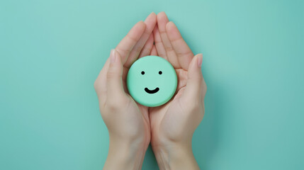 Hands Cupping a Green Smiley Face Object on Teal Background - obrazy, fototapety, plakaty