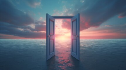 Pair of doors reveal a vast expanse of snow under a soft sky. Concept of tranquility, possibilities, and new horizons.