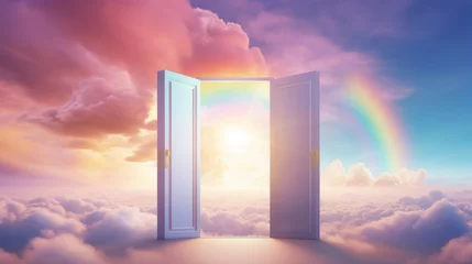 Foto op Canvas Open doors leading to rainbow in the sky. Concept of hope, dreams, positivity, new horizons, freedom, the unknown, mystery, and wonder. © Jafree