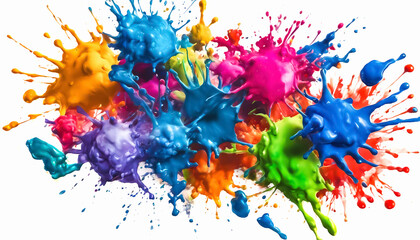 Acrylic splashes on a white background. Colorful spots of paint. Rainbow design of colorful spots. Top view of abstract colorful stains. AI generated