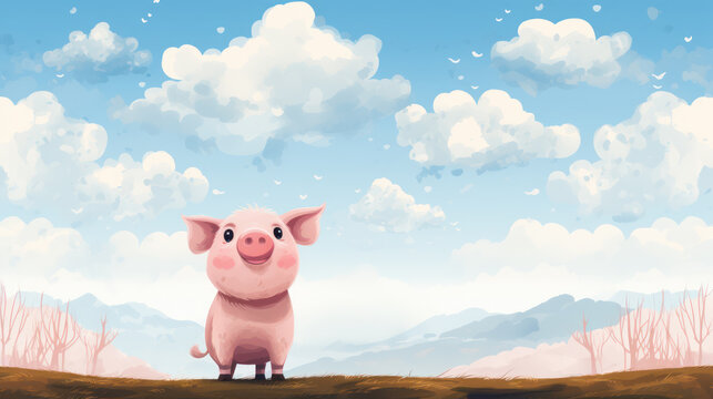 Pink piggy illustration with blue sky and puffy clouds
