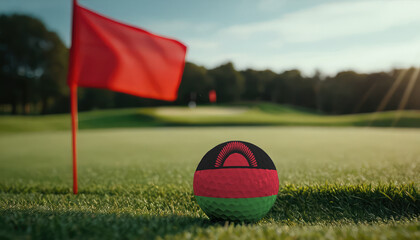 Golf ball with Malawi flag on green lawn or field, most popular sport in the world