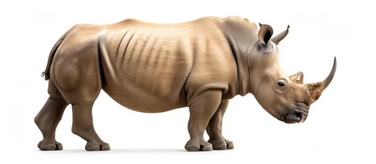 Keuken spatwand met foto The image captures a solitary white rhinoceros standing on a plain white background. The rhinos massive body and distinctive horn are prominent in the frame, showcasing its powerful presence. © AkuAku