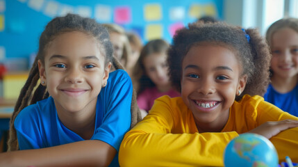 two children in a classroom setting, smiling at the camera, with other students and educational activities in the background.