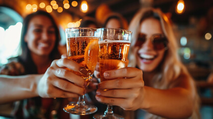 Group of friends toasting with glasses of beer in bar, close up - obrazy, fototapety, plakaty