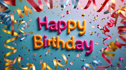 Naklejka premium Happy Birthday lettering with confetti and ribbons