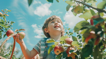 Child picking apples on a farm in autumn.