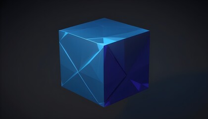 Low-poly blue crystal cube with x sign on his faces on dark background 