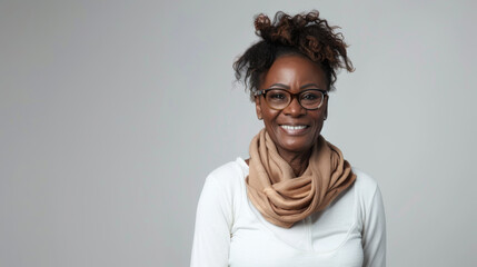 Obraz premium a smiling person is wearing round eyeglasses and a scarf, giving off a relaxed and stylish vibe against a gray background.