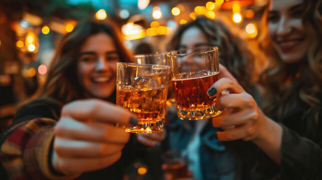 Group of friends toasting with glasses of beer in bar, close up