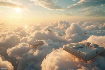 a cozy bed above fluffy clouds. 3d illustration