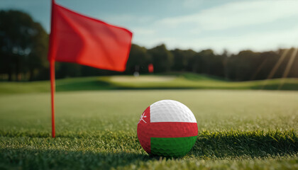 Golf ball with Oman flag on green lawn or field, most popular sport in the world