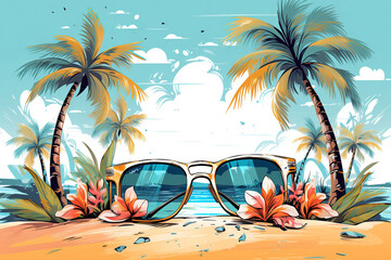 Fototapeta na wymiar Sunglasses on the sand with flowers against a background of blue water and palm leaves. Resort vacation concept. Generated by artificial intelligence