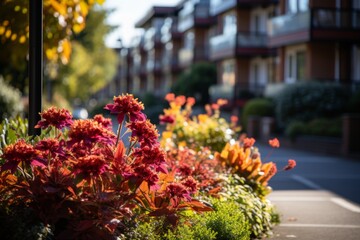 Flower beds bursting with vibrant colors line the sidewalk in a tranquil residential neighborhood.