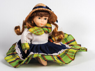 Vintage Austrian porcelain doll little girl with blue eyes, brown-haired with curls - 740299547