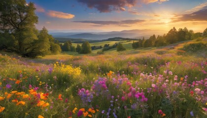 Fototapeta premium Vibrant Wildflower Meadows Stretching Under Expansive Blue Skies, light, multicolored, sun, horizon, cloud, elegance