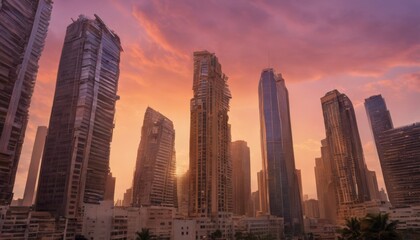 Obraz premium Golden Sunrise Illuminating City's Skyline with Silhouetted Skys